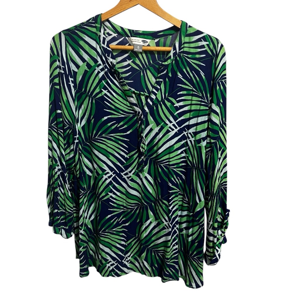 Old Navy Tropical Green and Navy Palm Tunic Vneck Blouse Size Extra Large
